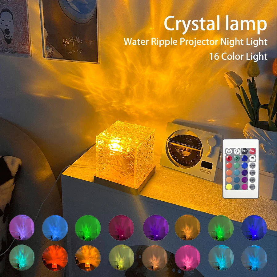 Dynamic Rotating Water Ripple Projector Night Light 3/16 Colors Flame Crystal Lamp for Living Room Study Bedroom Rotating Light